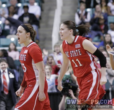 Marissa Kastanek and Emili Tasler exhort their teammates as the Duke lead is cut to nine points -  - 