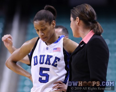 Duke Head Coach Joanne P. McCallie gives some advice to point guard Jasmine Thomas -  - 