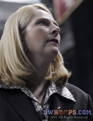 A concerned Brenda Frese walks off the court at halftime -  - 