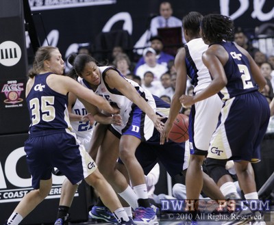 Georgia Tech's Brigitte Ardossi and Duke's Krystal Thomas tussle in the low post -  - 