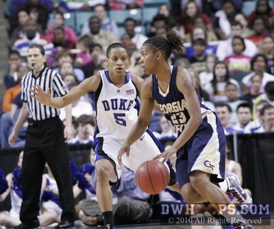 Deja Foster, who had an outstanding game off the Tech bench, guarded by Jasmine Thomas -  - 