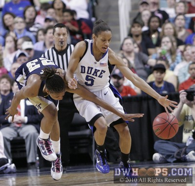 Deja Foster (23) tries to regain control of the ball after being stripped by Duke's Jasmine Thomas -  - 