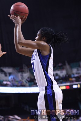 Duke senior Keturah Jackson puts up a shot on the baseline -  - 