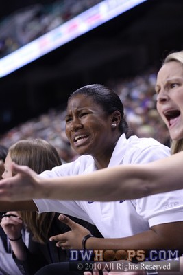 Duke redshirt Janee Johsnon protests a call from the Duke bench -  - 
