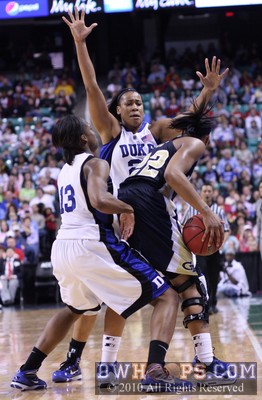 Karima Christmas (13) and Joy Cheek trap Alex Montgomery on the baseline, forcing a Georgia Tech time out -  - 