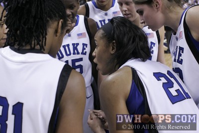 In the Duke postgame huddle, Joy Cheek says, "We're not leaving Greensboro without the trophy!" -  - 