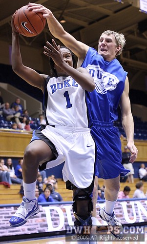 Practice squad player Jason Pifer (who was mercilessly hounded by the Duke Pep Band) blocks a Chelsea Hopkins layup -  - 