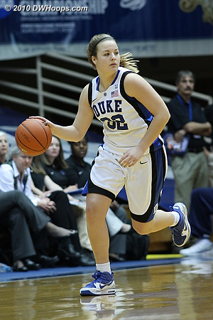 Tricia Liston looks at her teammates while bringing the ball upcourt in transition.