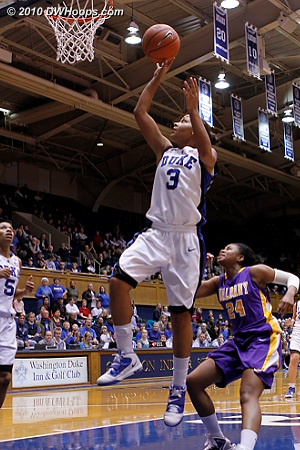 Selby goes to the hoop in transition, scoring two of Duke's 18 first half points off turnovers.