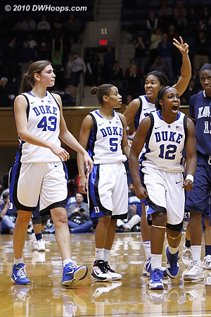 Duke celebrates Jasmine Thomas being sent to the line for two, with 2.5 seconds and the game tied.