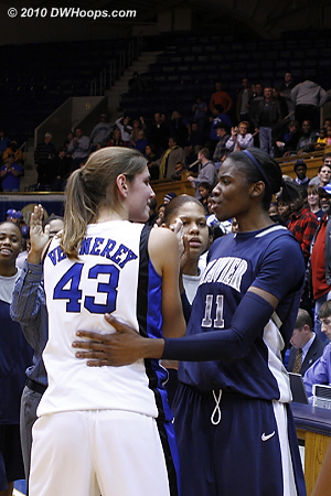 Allison Vernerey and Amber Harris meet in the handshake line; their battles in the paint were truly remarkable.