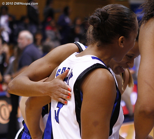 Jas and Shay in the Duke postgame huddle, perhaps more relieved than excited.