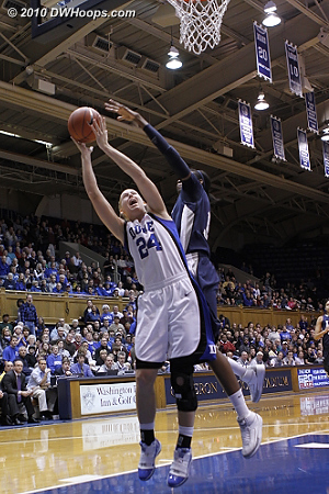 Amber Harris blocks Kathleen Scheer on Duke's first possession