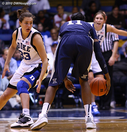 Haley Peters guards Amber Harris up top.