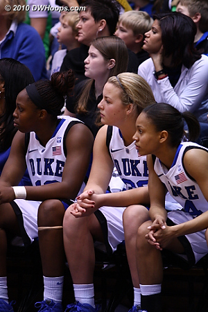 Three of the freshmen watch from the Blue Devil bench as Duke's lead dwindles.