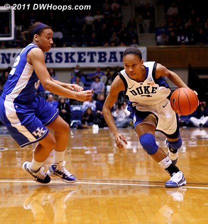 Chloe Wells drives on Kentucky reserve Kastine Evans.  - Duke Tags: #4 Chloe Wells 