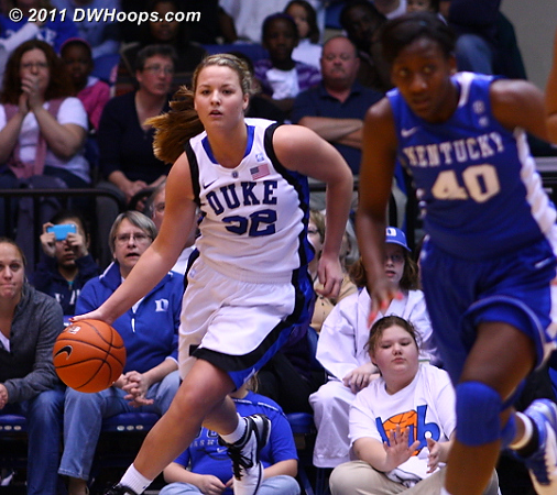 Tricia Liston brings the ball upcourt after an offensive rebound.  - Duke Tags: #32 Tricia Liston 