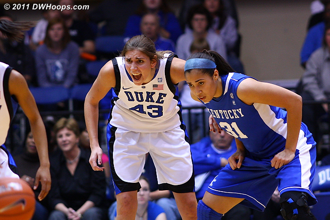 Allison Vernerey intently guards Samantha Drake.  - Duke Tags: #43 Allison Vernerey 