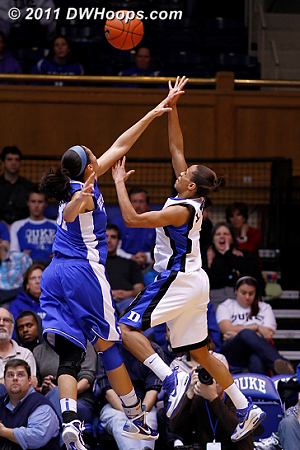 Jasmine Thomas scores on a runner during the pivotal last two minutes of the first half  - Duke Tags: #5 Jasmine Thomas 