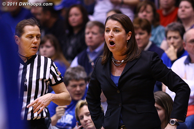 Coach P shares her feelings on the officiating with referee Susan Blauch