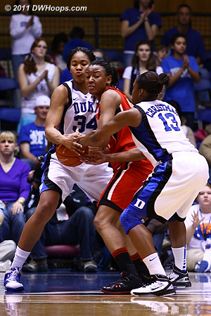Krystal Thomas strips Tchatchouang for a Duke steal.  - Duke Tags: #13 Karima Christmas, #34 Krystal Thomas 