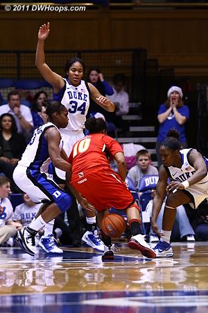 Chelsea Gray pokes the ball between Anjale Barrett's legs.  - Duke Tags: #12 Chelsea Gray 