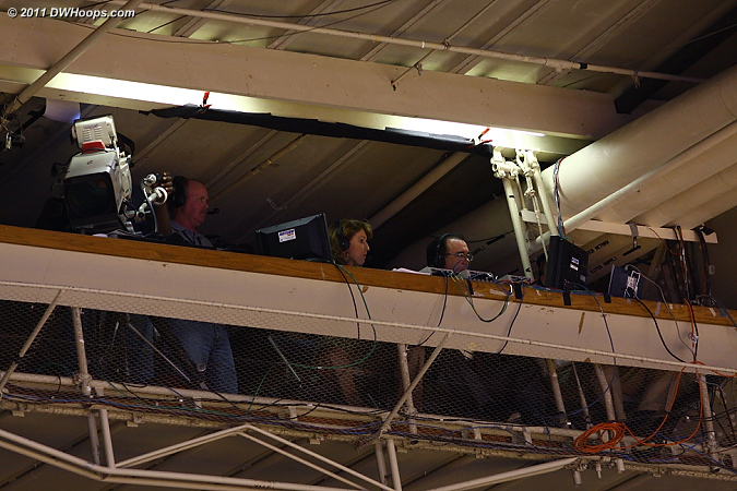 Debbie Antonelli (center) and Mike Hogewood in the crow's nest for the Fox Sports broadcast  