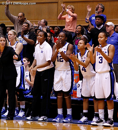 The Duke bench and fans, including Mike Currie to the upper left, applaud a Karima Christmas steal.  - Duke Tags: Fans 