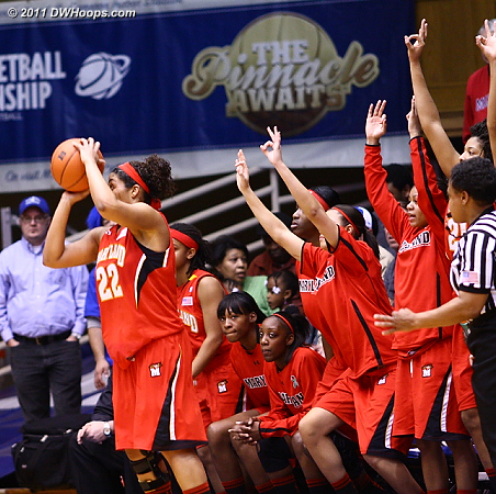 With Duke leading 41-38, Kim Rodgers hoists a three pointer as the Maryland reserves provide encouragement.  It didn't go.  