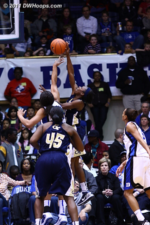 Krystal Thomas rejects the shot of Tyaunna Marshall during a Tech drought.  - Duke Tags: #34 Krystal Thomas 