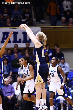Frida Fogdemark hits a trey for Tech, cutting Duke's lead to 24-15.  