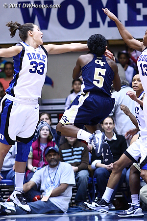 The first ten minutes were a defensive struggle - here Haley Peters frustrates Metra Walthour.  - Duke Tags: #33 Haley Peters 