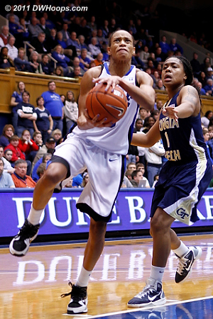 Jasmine Thomas with the hoop and harm  - Duke Tags: #5 Jasmine Thomas 