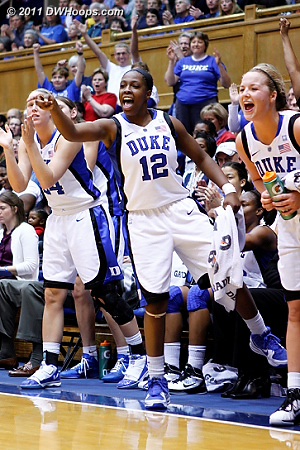 Duke bench reacts to the J.Thomas and-one  - Duke Tags: #32 Tricia Liston, #12 Chelsea Gray 