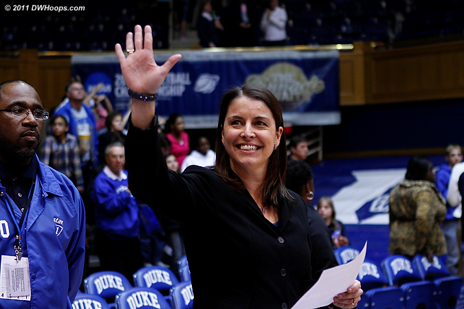Coach P waves to the crowd after notching her 100th Duke victory.