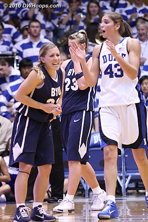 Allison Vernerey (right) is pleased by a call while BYU's Haley Hall has hurt her hand.  - Duke Tags: #43 Allison Vernerey 
