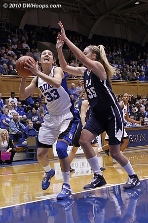 Haley Peters goes to the hoop, guarded by BYU's Kristen Riley  - Duke Tags: #33 Haley Peters 