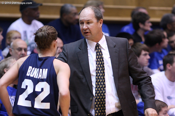 BYU Head Coach Jeff Judkins speaks with Mindy Bonham after a Cougar turnover.  