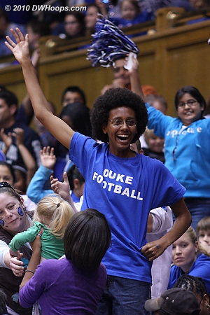 A Duke football fan in the house on a day when many fans enjoyed the rare football / women's hoops doubleheader.  - Duke Tags: Fans 