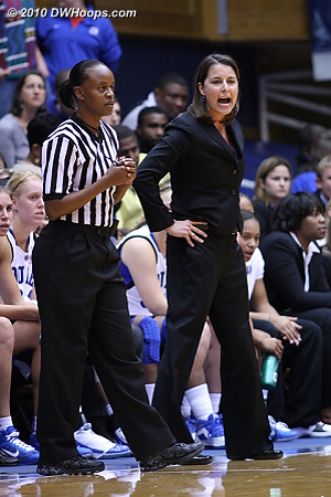 Coach P exhorts the Duke defense as referee Denise Brooks looks on