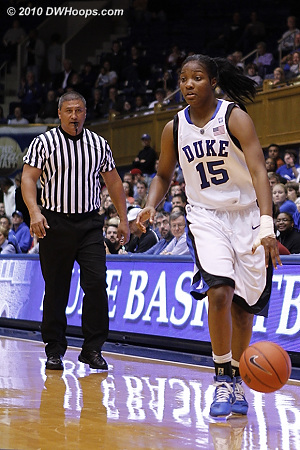 Veteran official Bryan Enterline watches the dribble of freshman Richa Jackson.  - Duke Tags: #15 Richa Jackson 