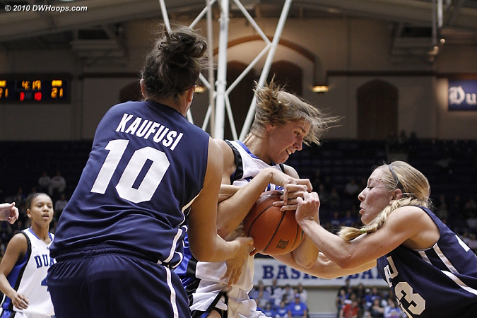 BYU's Haley Hall (right) and Alexis Kaufusi tie up Allison Vernerey.  - Duke Tags: #43 Allison Vernerey 