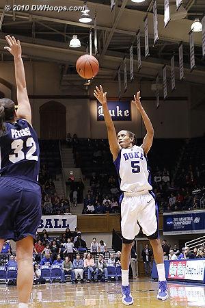 Jasmine Thomas fires a three point attempt.  - Duke Tags: #5 Jasmine Thomas 