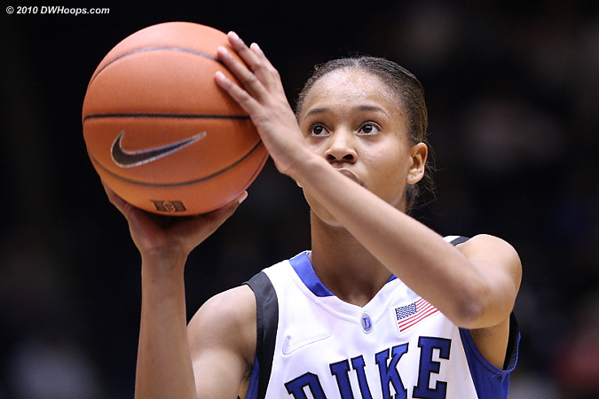 Chloe Wells on the line, her free throw technique involves holding the ball to one side before centering it and releasing.  - Duke Tags: #4 Chloe Wells 
