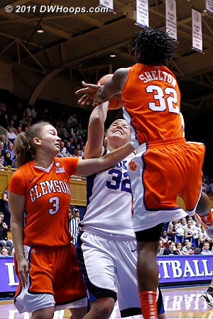 Tricia Liston sandwiched between Bryelle Smith (left) and Kelia Shelton.  - Duke Tags: #32 Tricia Liston 