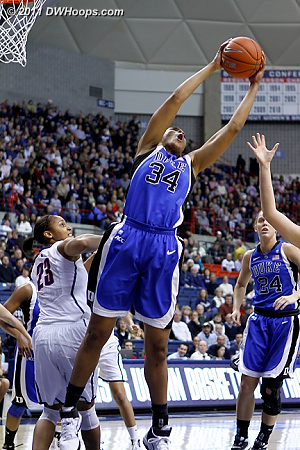 Krystal Thomas got Duke's first rebound after a Gray three point miss  - Duke Tags: #34 Krystal Thomas 