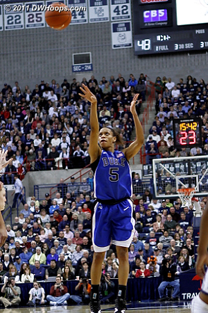 Jasmine Thomas hits a trey to cut the defict to 19.  - Duke Tags: #5 Jasmine Thomas 