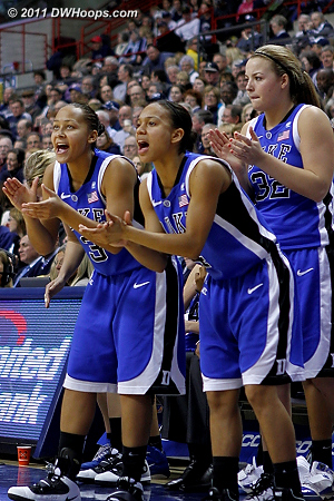 Duke's bench remained active, here cheering a K.Thomas trip to the line.  - Duke Tags: #32 Tricia Liston, #4 Chloe Wells, #3 Shay Selby 
