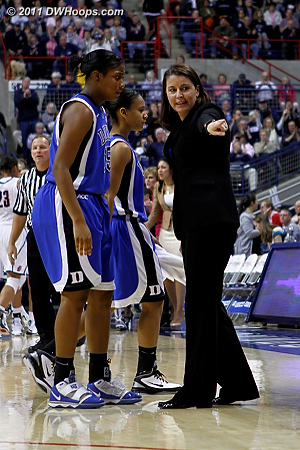 Some individual coaching for Richa Jackson after she charged on a baseline drive.  - Duke Tags: #15 Richa Jackson, Joanne P. McCallie 