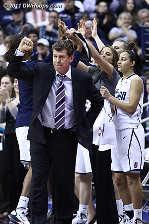 Geno Auriemma pumps his fist after back to back assisted UConn treys  